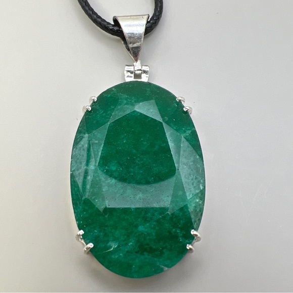 Faceted Enhanced Emerald Oval Prong Set Silver Overlay Pendant Necklace w Cord - Picture 1 of 11